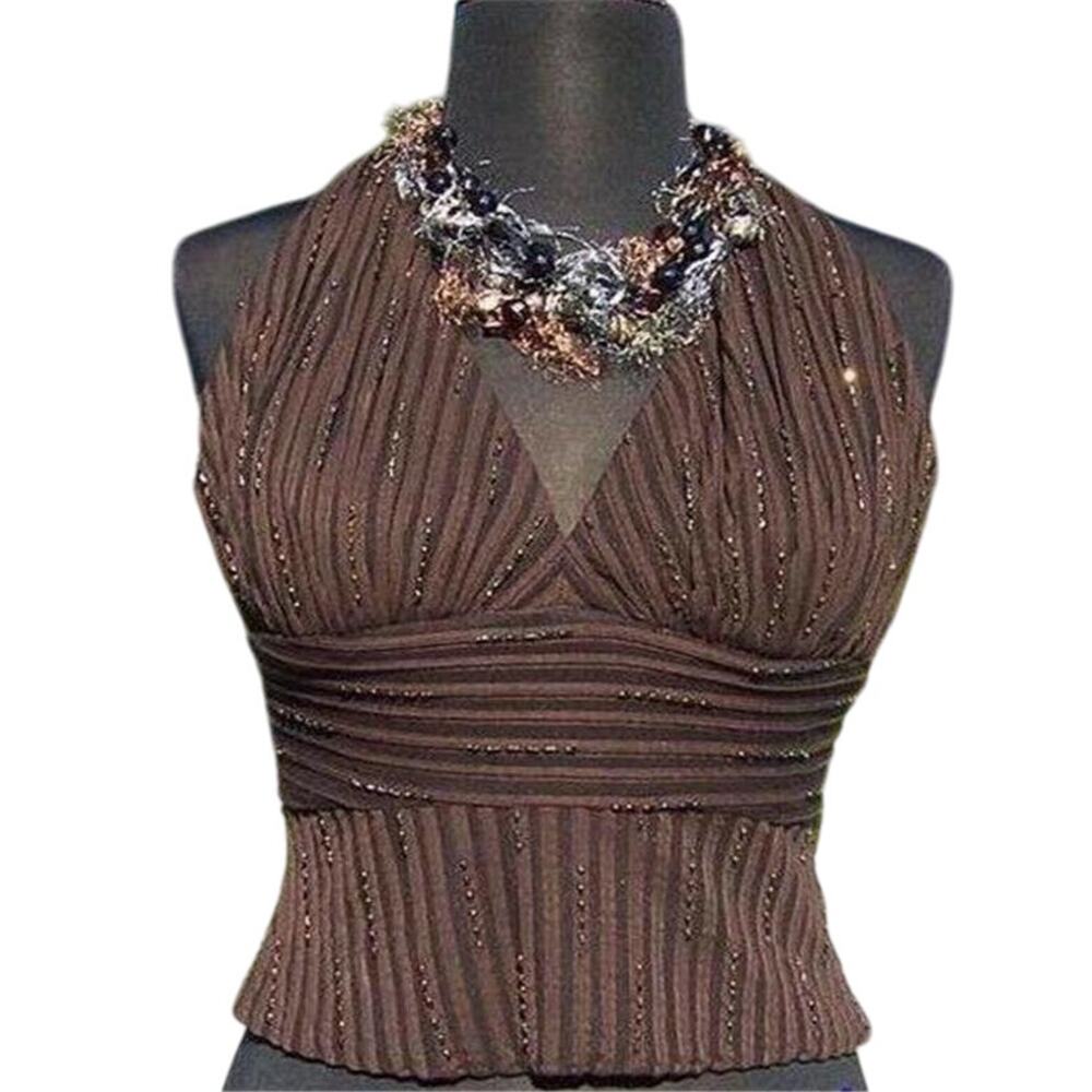 Cache Brown Layered Ruched Ottoman Beaded Halter Lined New Built In Bra NWT $138